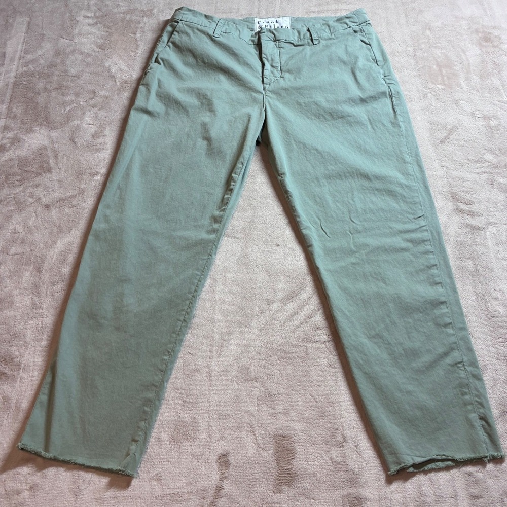 Frank & Eileen Wicklow Italian Cotton Chino Pants Sage Green Raw Hem Size 12